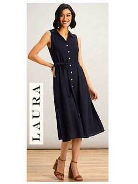 NWT!! LAURA - Navy blue linen blend midi dress